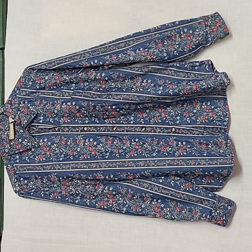 Liz Claiborne Lizwear 100% Cotton Floral Striped Longsleeve Button Down Sz L